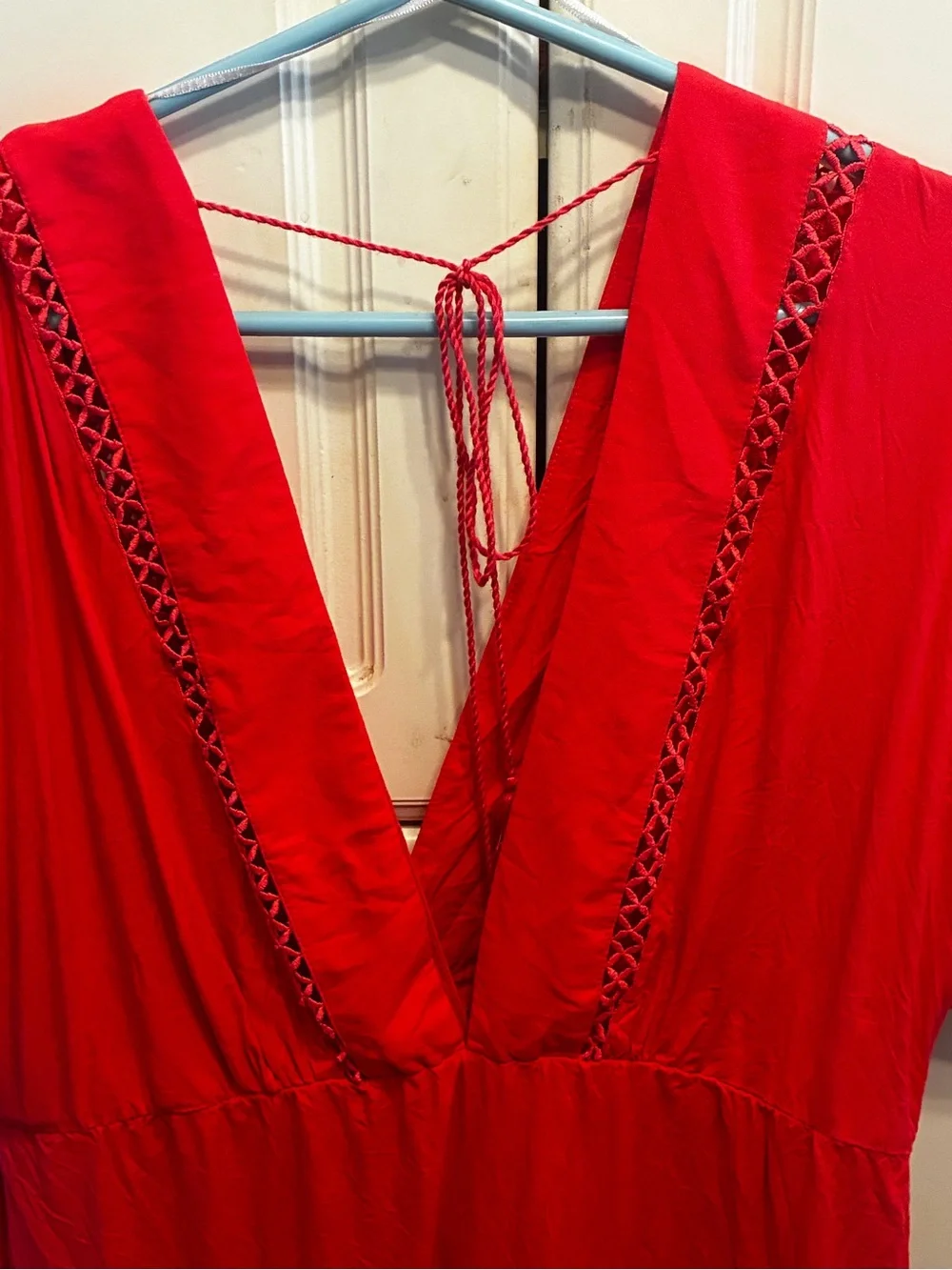 Venus Woman’s Red Deep V Short Sleeve Coverup with Lace Trim, Size: L